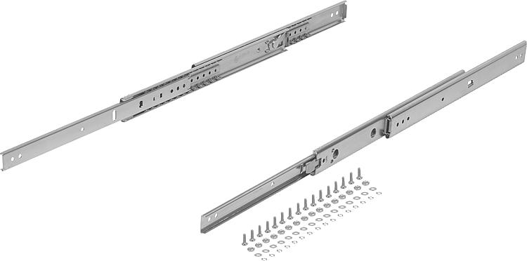 Telescopic slides, steel, side mounting, over-extension, load capacity up to 70 kg